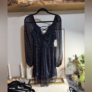 NWT Lumiere Love Letter Collection Sheer Navy Mini Dress with Brown Dots